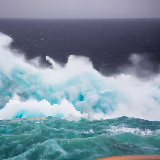 Prompt: a giant wave about to crash on a cruise ship, wave, giant, rough seas, weather, cruise, ship, hurricane, canon eos r 3, f / 1. 4, iso 2 0 0, 1 / 1 6 0 s, 8 k, raw, unedited, symmetrical balance, wide angle