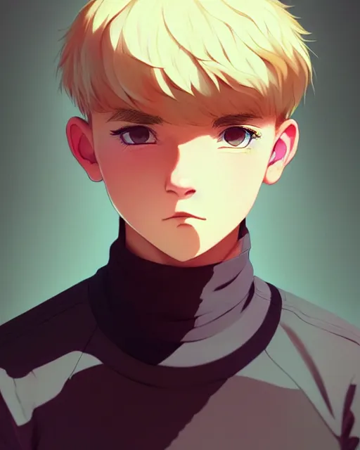 Image similar to teen boy with buzzed hair, blonde, bangs, unibrow, bushy eyebrows, mischievous grin, portrait shinkai makoto studio ghibli studio key hideaki anno sakimichan stanley artgerm lau rossdraws james jean marc simonetti elegant highly detailed digital painting artstation pixiv