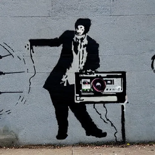 Image similar to a banksy street art depicting a disc jockey using two turntable, highly detailed