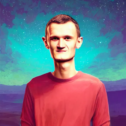 Prompt: Vitalik Buterin big head, painted by Mike Winkelmann