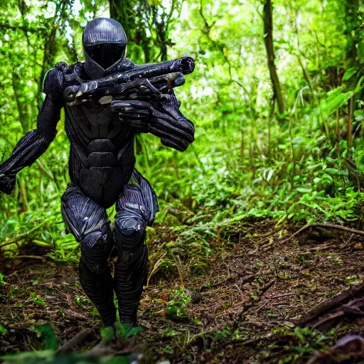 Image similar to close up Crysis Nanosuit shooting at enemies in a jungle combat photography 2022, Canon EOS R3, f/1.4, ISO 200, 1/160s, 8K, RAW, unedited, in-frame,