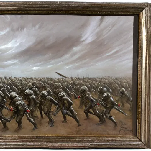 Image similar to oil painting of a ground covered in medieval silver soldier corpses, war, storm dawn, by Frank Frazetta, by Georgia O Keeffe sfumato, realistic