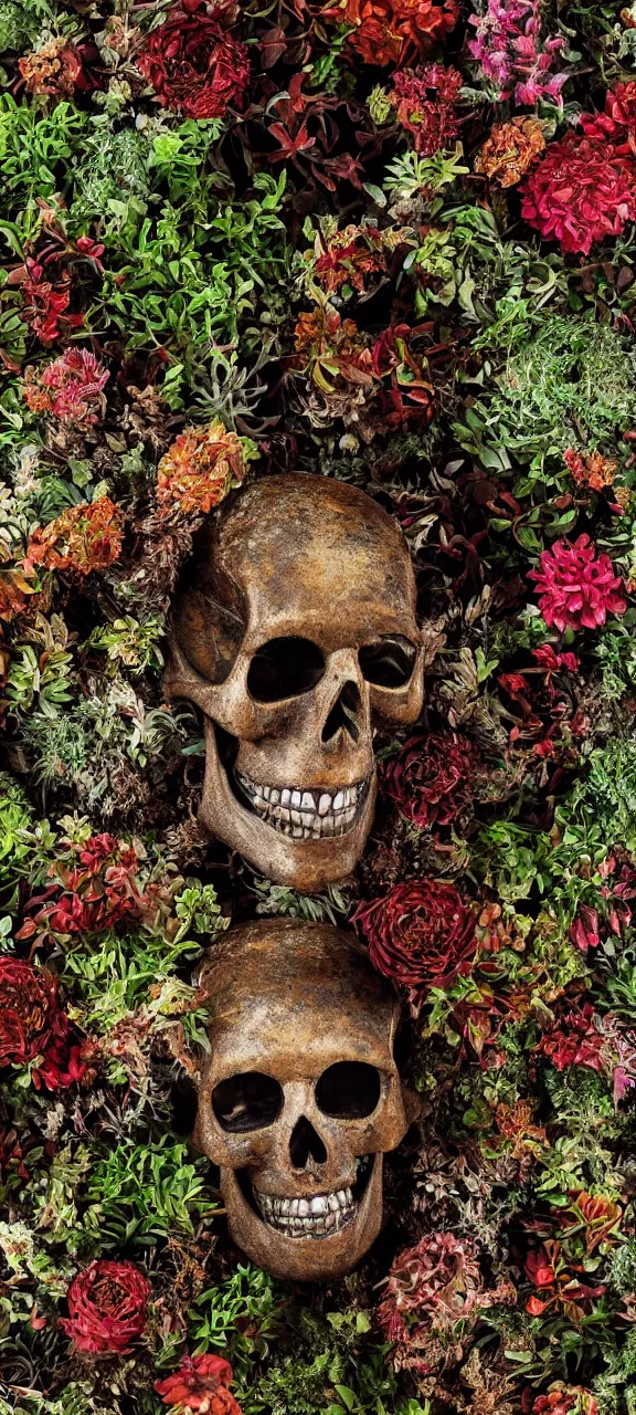 Prompt: award winning photo of robot skull rusty and filled with plants, stunning, 4 k, detailed, top - down, realistic