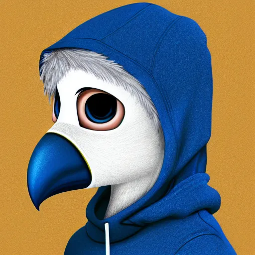 Image similar to front facing portrait. humanoid furry! anthro, anthro, anthro, avian, avian, avian!!! fursona, bird, bird, bird!!! digital art! trending on artstation! subject wearing hoodie and jeans!! subject is female!! female!!! big beak, big beak, big beak!!! blue feathers!! birdfolk!! owlkin!! Character design by charlie bowater, ross tran, artgerm, and makoto shinkai!!! detailed!!!