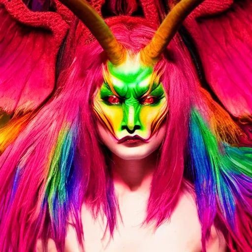 Prompt: a demon inspired by a rainbow created by the make up artist hungry, photographed by andrew thomas huang, cinematic, expensive visual effects