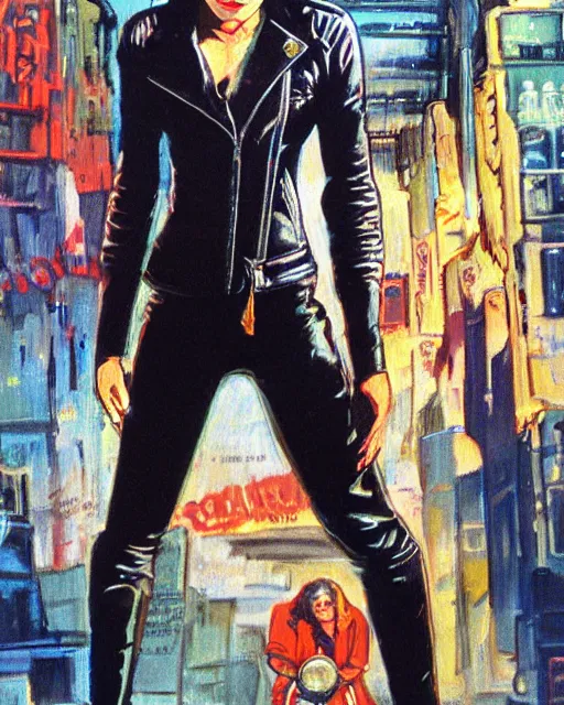 Image similar to young female protagonist in leather jacket, city street, artwork by ralph bakshi