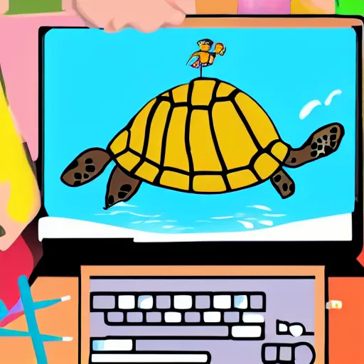 Prompt: a childrens book illustration of a turtle typing on a computer with its flipper, colourful, artstation