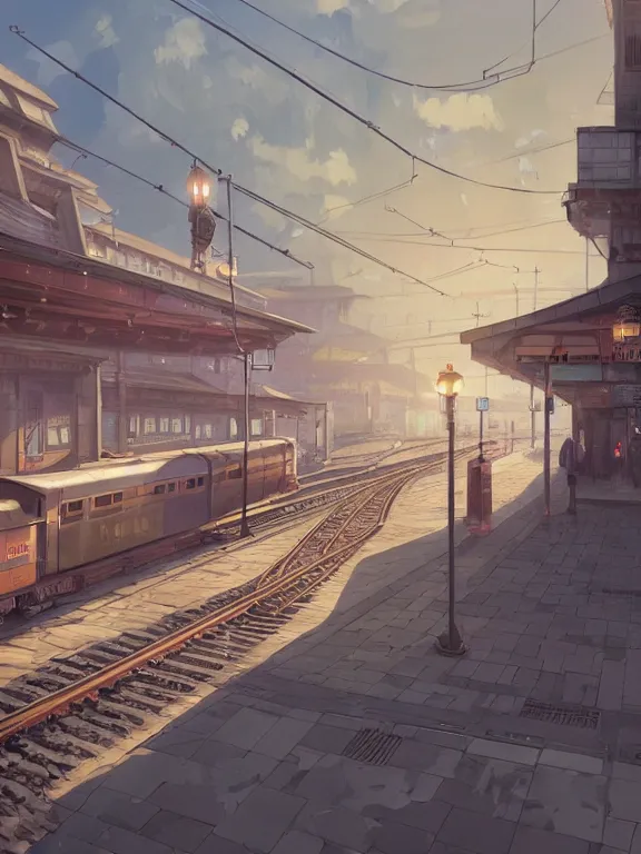 Image similar to A highly detailed matte painting of train station by Studio Ghibli, Makoto Shinkai, by Artgerm, by WLOP, by Greg Rutkowski, volumetric lighting, octane render, 4K resolution, trending on artstation, masterpiece