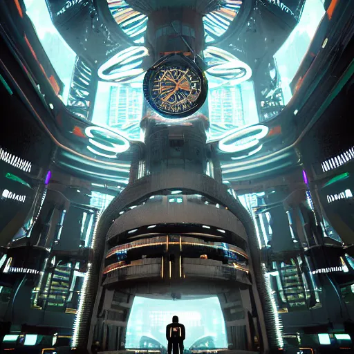 Prompt: a man standing in front of a giant clock, cyberpunk art by Kuno Veeber, cgsociety, fantasy art, fractalism, redshift, dystopian art