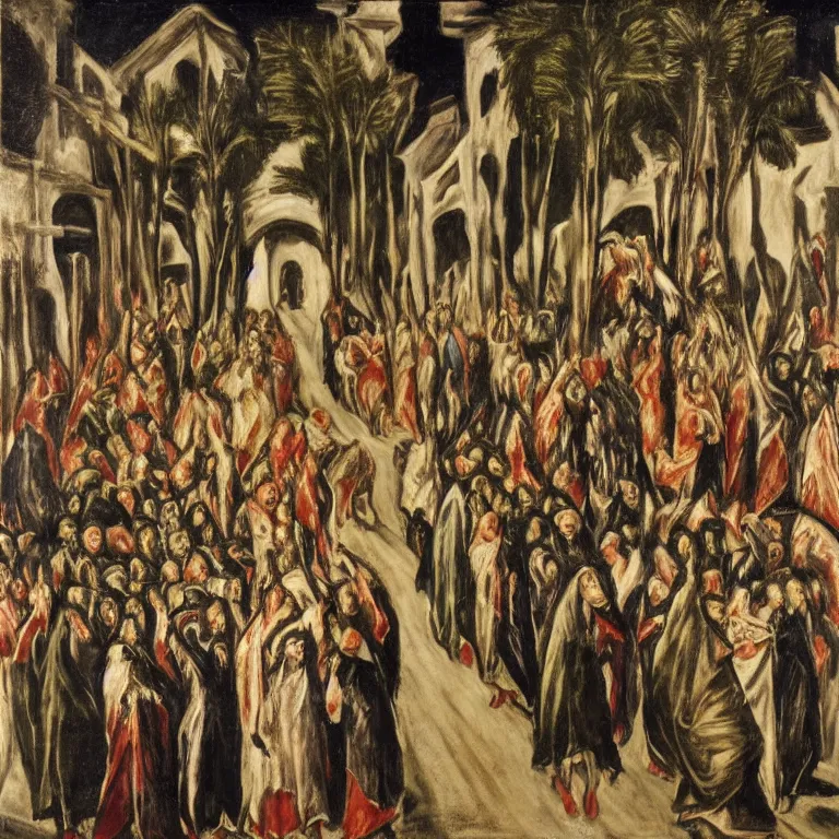 Image similar to A Holy Week procession in a lush Spanish village at night. A person at the front holds a cross. El Greco.