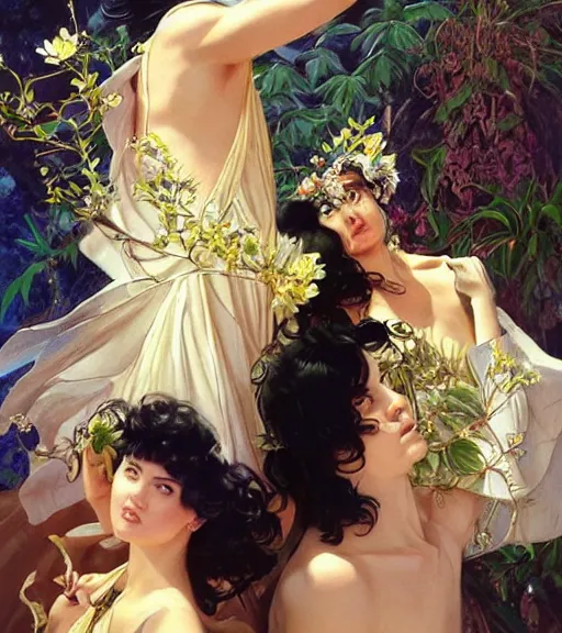 Prompt: harmony of swirly black haired yoongi wearing white greek clothes, smirking, gold earrings muted colors, colorful flowers, tropical, sunlight filtering through skin, dynamic hair movement, dynamic pose, glowing butterflies, j. c leyendecker, by alan lee, wlop! illustrated by starember, fantasy art by craig mullins