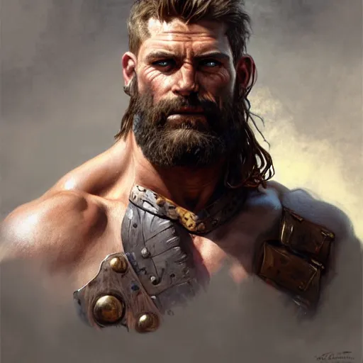 Image similar to portrait of a rugged male barbarian, handsome, upper body, D&D, muscular, fantasy, intricate, elegant, highly detailed, digital painting, artstation, concept art, smooth, sharp focus, illustration, art by artgerm and greg rutkowski and alphonse mucha