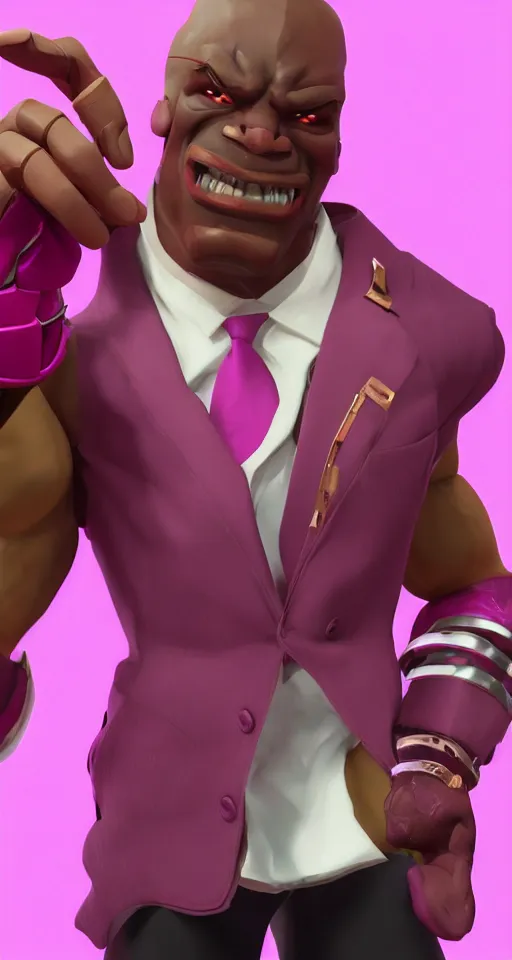 Image similar to doomfist, pink blazer, overwatch game, digital art, high detailed, artstation, 3 d render