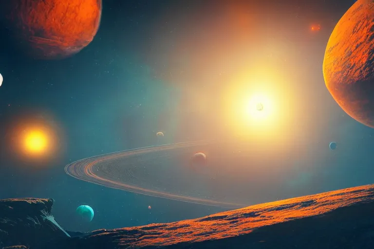 Prompt: beautiful sci fi space scene with planets, concept art trending on artstation, blue and orange, volumetric lighting, 8k