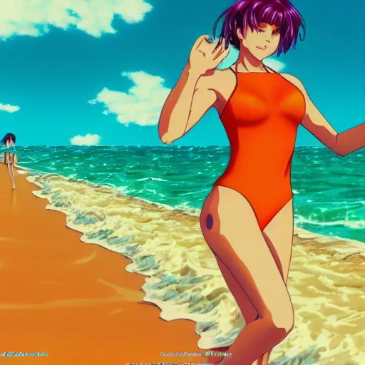 Prompt: girl in swimsuit at the beaching running into water, sprite, vaporwave nostalgia, directed by beat takeshi, visual novel cg, 8 0 s anime vibe, kimagure orange road, maison ikkoku, trending on artstation, ultra hd wallpaper