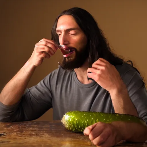 Image similar to sweaty jesus eating a wet pickle and staring into the camera expectantly, professional photograph, highly detailed