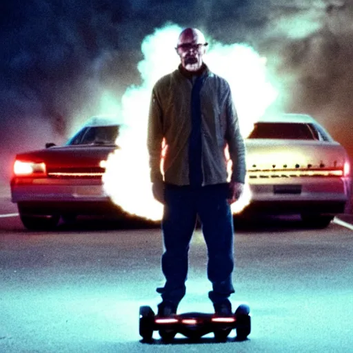 Image similar to photo of walter white standing on a hoverboard with an exploding car behind him, color, cinematic lighting