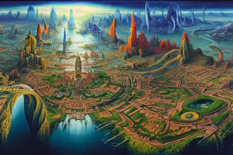 Prompt: a beautiful stunning insanely detailed complex matte painting of a magical mythical city at the edge of world by Heironymous Bosch and Jim Burns, a beautiful stunning insanely detailed complex matte painting of a magical mythical city at the edge of world by Heironymous Bosch and Jim Burns, by Noah Bradley, inspiration from old world maps, vintage