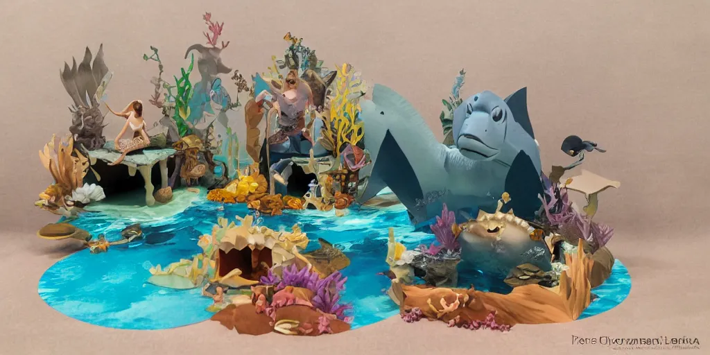 Image similar to paper craft diorama of an underwater party with a king shark and a mermaid