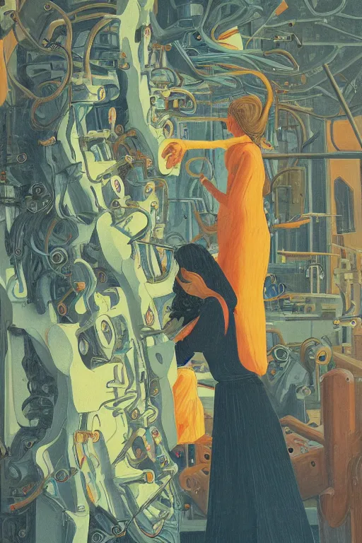 Image similar to realistic portrait of an engineer woman fixing the samsara cluster, fine portrait, concept art, stunning, in the style of brecht evens and jean delville