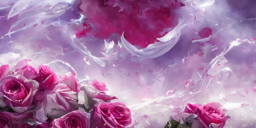 Image similar to background art of magic invisible blade slicing through a bouquet of white and pink roses, flowers exploding and spraying and splattering, big puffy clouds, exploding roses, large rose petals, lotus petals, large polygonal background elements, large polygons, dramatic anime, dramatic radiant lighting, artgerm, manga, trending on artstation, art nouveau, mature colors