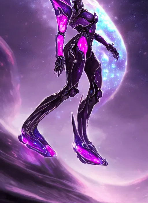 Image similar to detailed cinematic shot, cosmic sized perfectly proportioned stunning beautiful hot female warframe, detailed cyborg mecha female dragon head, metal ears purple eyes, silver armor, fuschia leds, floating in empty space, nebula sized, holding a planet, epic proportions, epic size, epic scale, furry art, dragon art, giantess art, warframe fanart, furaffinity, deviantart