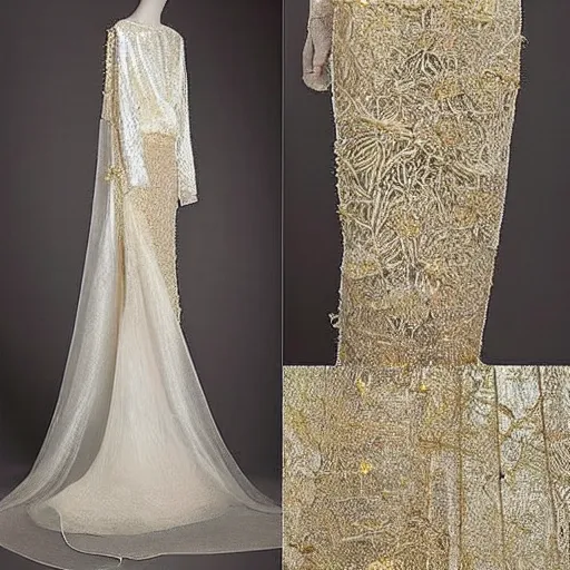 Image similar to a long wedding dress with a train made of flower petals made of light - colored fabric. transparent in places. in places, patterns of precious stones. intricate patterns of gold thin threads. fantasy. clear details