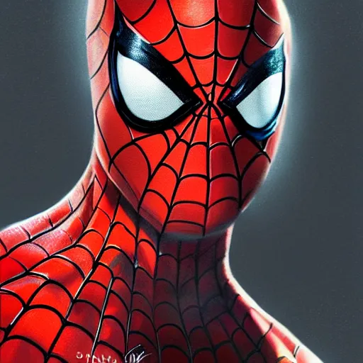 Image similar to spiderman closeup portrait, dramatic light, lake background, 2 0 0 mm focal length, painted by stanley lau, painted by greg rutkowski, painted by stanley artgerm, digital art, trending on artstation