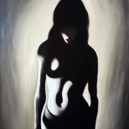 Image similar to macabre, female, noir oil painting, dark, dramatic lighting, shadow,