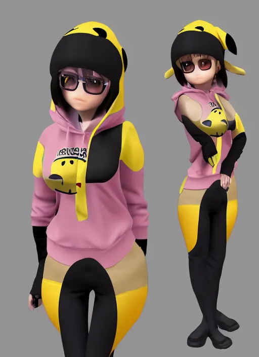 Image similar to vrchat, secondlife, imvu, 3 d model of a girl in a pikachu hoodie, hq render, detailed textures, artstationhd, booth. pm, highly detailed attributes and atmosphere, dim volumetric cinematic lighting, hd, unity unreal engine