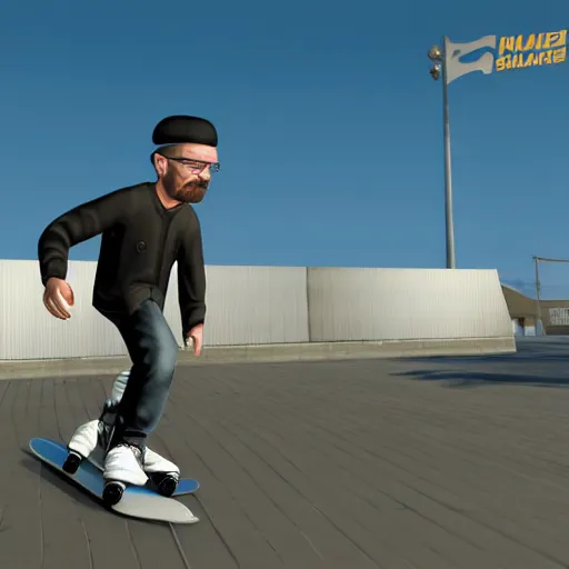 Image similar to walter white skating in Skater XL, gameplay screenshot, 4k, game atmosphere