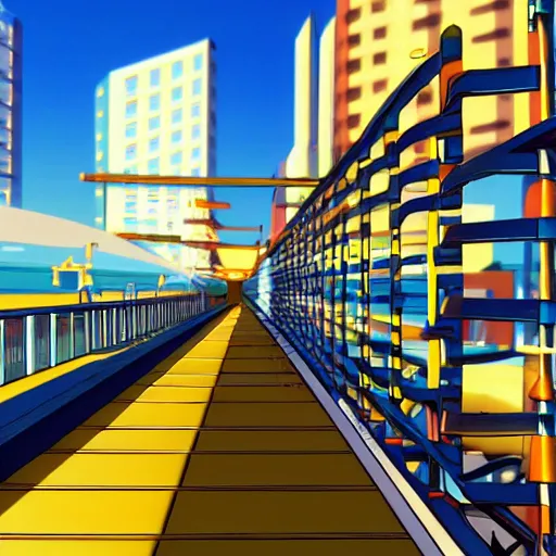 Image similar to oceanfront walkway, futuristic city, colorful city, curved railing, long railing, shining sea, cel - shading, 2 0 0 1 anime, cel - shaded, bright sunshine, jet set radio, mirror's edge, raytracing, toon - shading, strong shadows