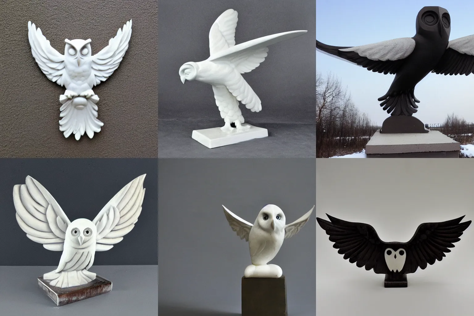 Prompt: soviet sculpture of a flying white owl black on white