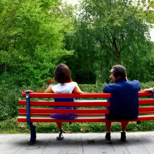 Prompt: a couple sitting on a park bench, psychedelic