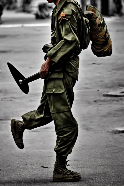 Image similar to vietnam soldier with skateboard, photography, pulitzer style, hyperrealistic, vogue magazine photo style, dynamic composition, intricate, comfort posse, smooth, sharp focus, captured by nikon d 8 5 0, 4 k, full body. by daniel berehulak