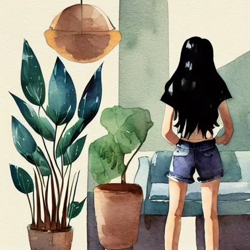 Prompt: a room full of beautiful house plants and a pretty woman with pale skin, long black hair with bangs, wearing shorts and t shirt, walking happily, abstract, golden light, beautiful watercolor art trending on artstation