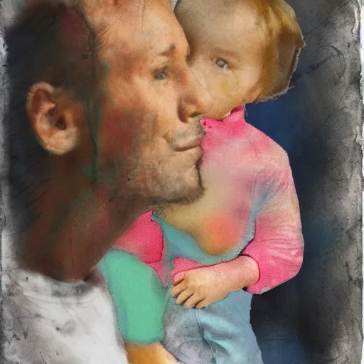 Prompt: half-lenght portrait of a father with child. mixed media collage, matte paper, pastel tones. matte background. 8x