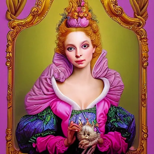 Prompt: baroque rococo pastel anthromorphic regal female rabbit princess Greg Hildebrandt Lisa frank portrait