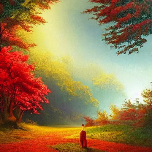 Image similar to A painting of a beautiful scene of nature. The colors are very soft and muted, and the overall effect is one of serenity and peace. The composition is well balanced, and the brushwork is delicate and precise. bright, 2010s, warm red by Virgil Finlay contest winner, #wow