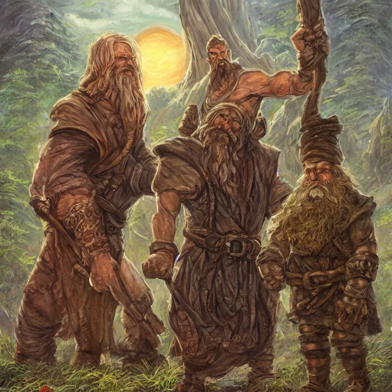 Image similar to a beautiful portrait painting in the style of larry elmore of a stone golem standing center frame with his stone arms around a dwarf wizard and elf rogue at summer camp