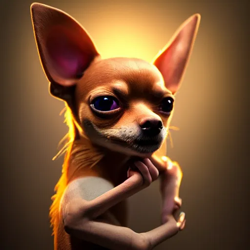 Image similar to an anthropomorphic chihuahua living in an extradimensional reality where it is a god, in the style of wlop, illustration, epic, fantasy, hyper detailed, smooth, unreal engine, sharp focus, ray tracing, physically based rendering, renderman, beautiful