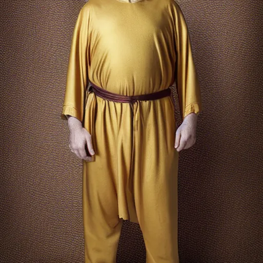 Prompt: richard iv the roman king, real human wearing golden cashmere pyjama, soft studio lighting, sigma lens photo,