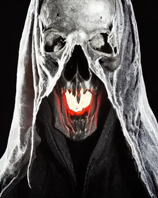 Image similar to rat's skull ghost - spirit of the grim - darkly shrouded cloak with glowing red eyes peering through tattered hood, midnight fog - mist!, cinematic lighting, various refining methods, micro macro autofocus, ultra definition, award winning photo, photograph by ghostwave - gammell - giger - shadowlord