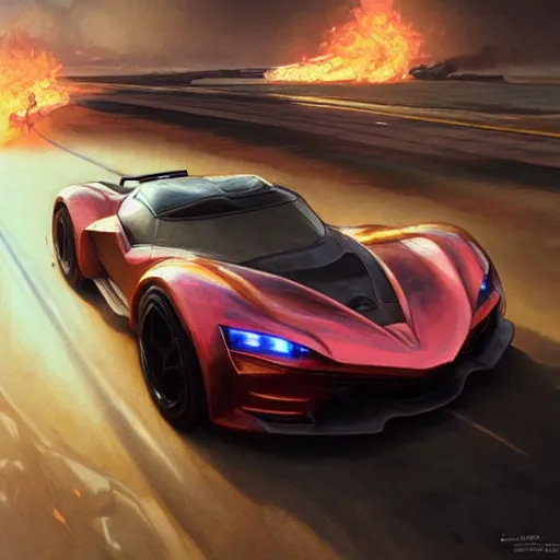 Prompt: ultra realistic illustration, a sportscar on fire, highly detailed, digital painting, artstation, concept art, smooth, sharp focus, illustration, art by artgerm and greg rutkowski and alphonse mucha