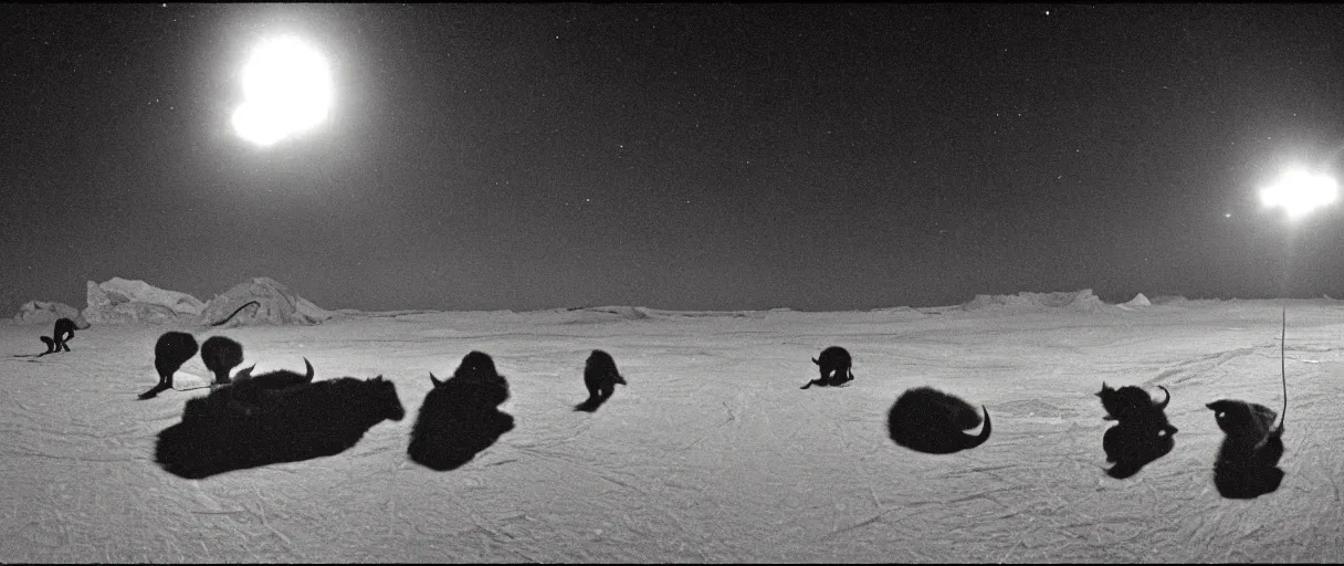 Image similar to filmic extreme wide shot movie still 4 k uhd interior 3 5 mm film color photograph taken at night of a bunch of creatures running around mcmurdo station in antartica