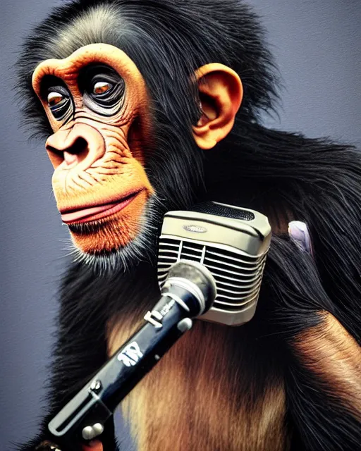 Image similar to a portrait of an anthropomorphic rockstar chimp singing into a microphone int eh recording studio by sandra chevrier, by jon foster, detailed render, tape deck, epic composition, cybernetics, 4 k realistic, cryengine, realistic shaded lighting, sharp focus, masterpiece, by enki bilal