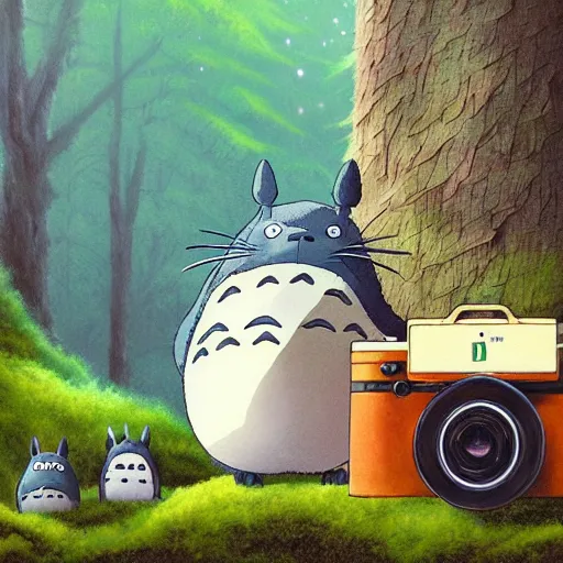 Image similar to illustration of totoro holding a large film camera, studio ghibli, pixar, high detail, award-winning, forest, digital painting, concept art, by Evgeny Lushpin