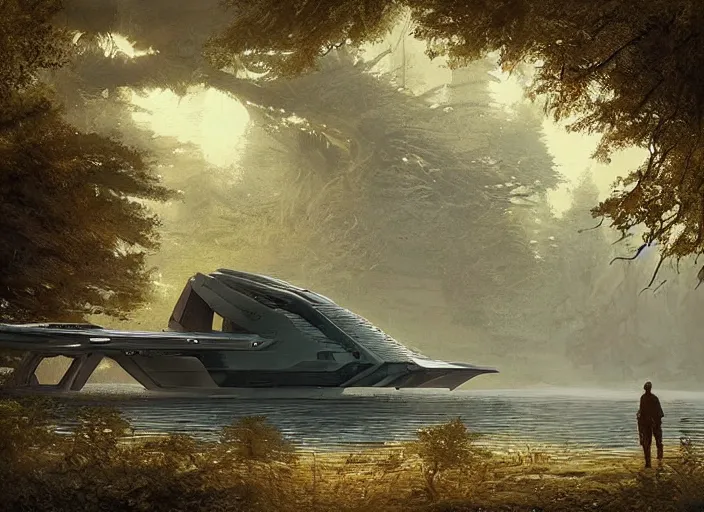 Image similar to a spaceship emerging from a lake, forest by Raoul Vitale and Greg Rutkowski