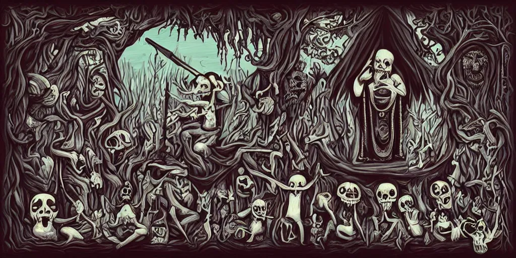 Image similar to dark ritual in lowbrow art style