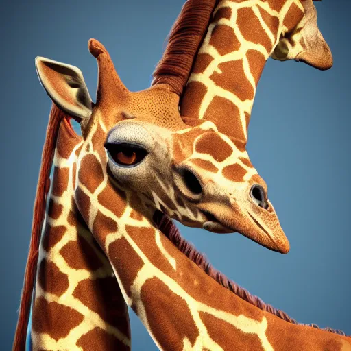 Image similar to a highly detailed portrait of a humanoid giraffe in a blue cloak, adventurer, artstation, deviantart, professional, unreal engine 5, octane render